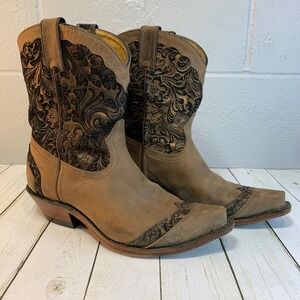 Boulet Women's Art Barocco Brown Leather Snip Toe Cowgirl Western Boot Size 9.5